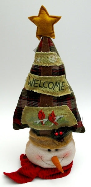 Fabric Burlap Stuffed Snowman Head with Tree Shape Door Stop