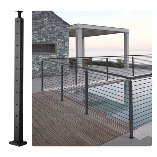 VEVOR Cable Railing Post, 36" x 1" x 2" Steel L-Shaped Hole Corner Railing Post, 10 Pre-Drilled Holes, SUS304 Stainless Steel Cable Rail Post with Horizontal and Curved Bracket, 1-Pack, Black