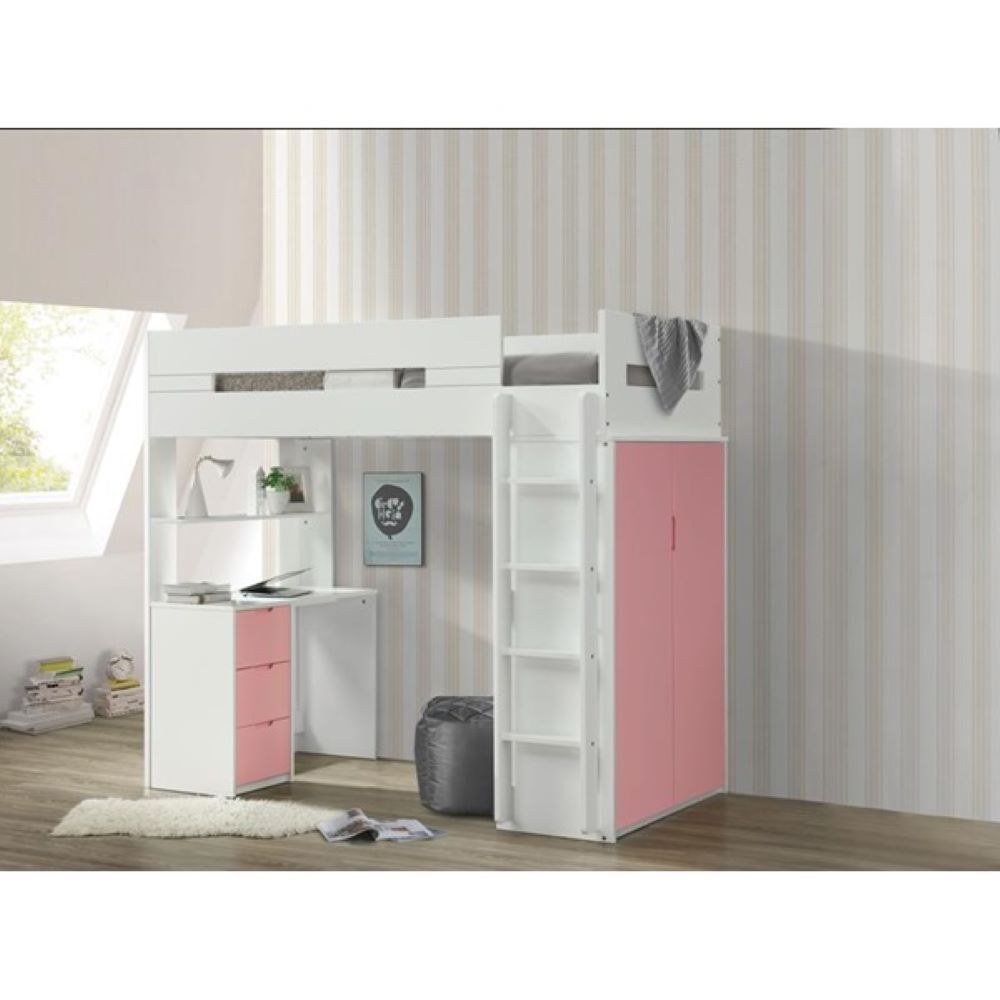 White And Pink Twin Loft Bed And Desk