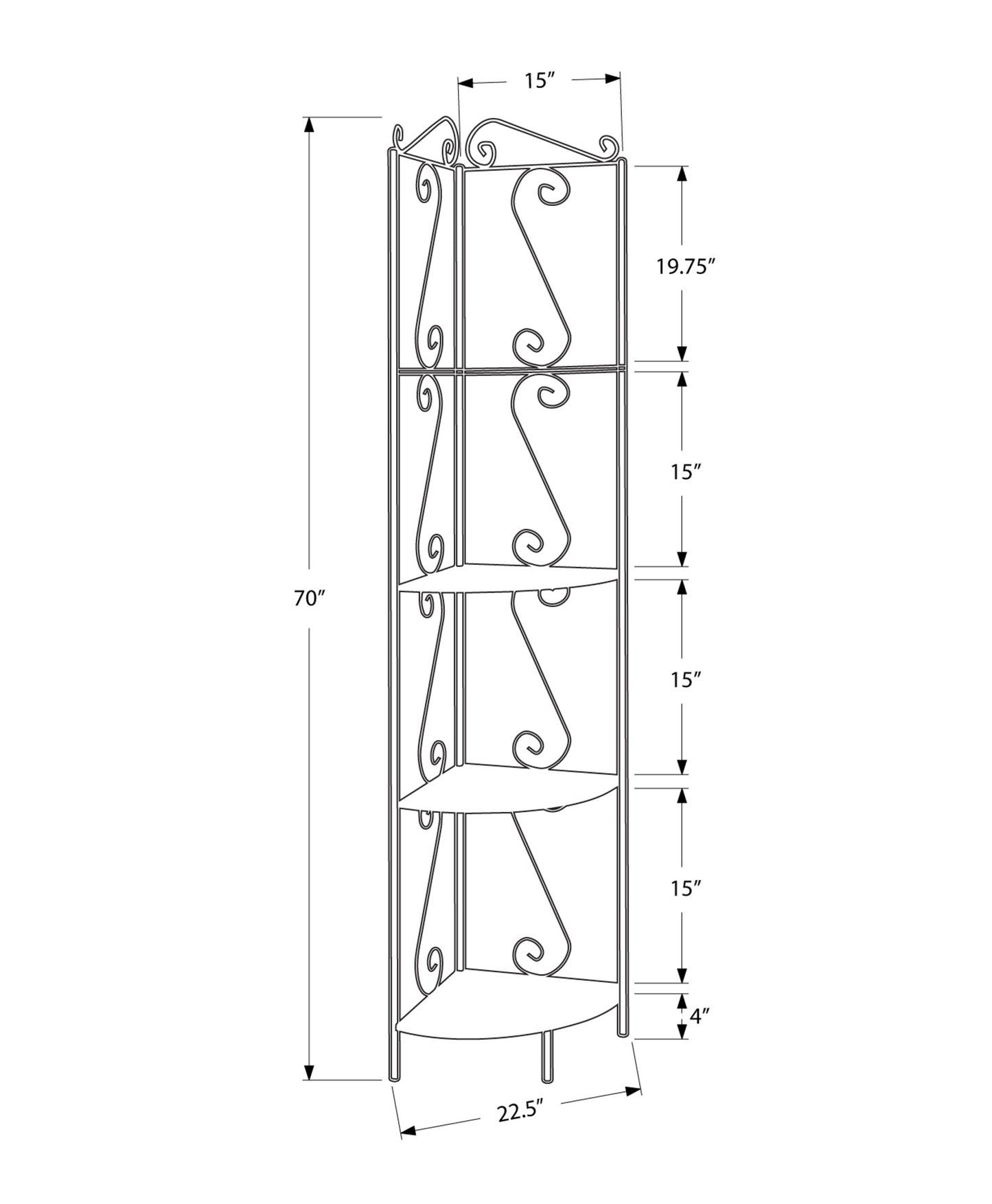 70" Black Metal Four Tier Corner Bookcase