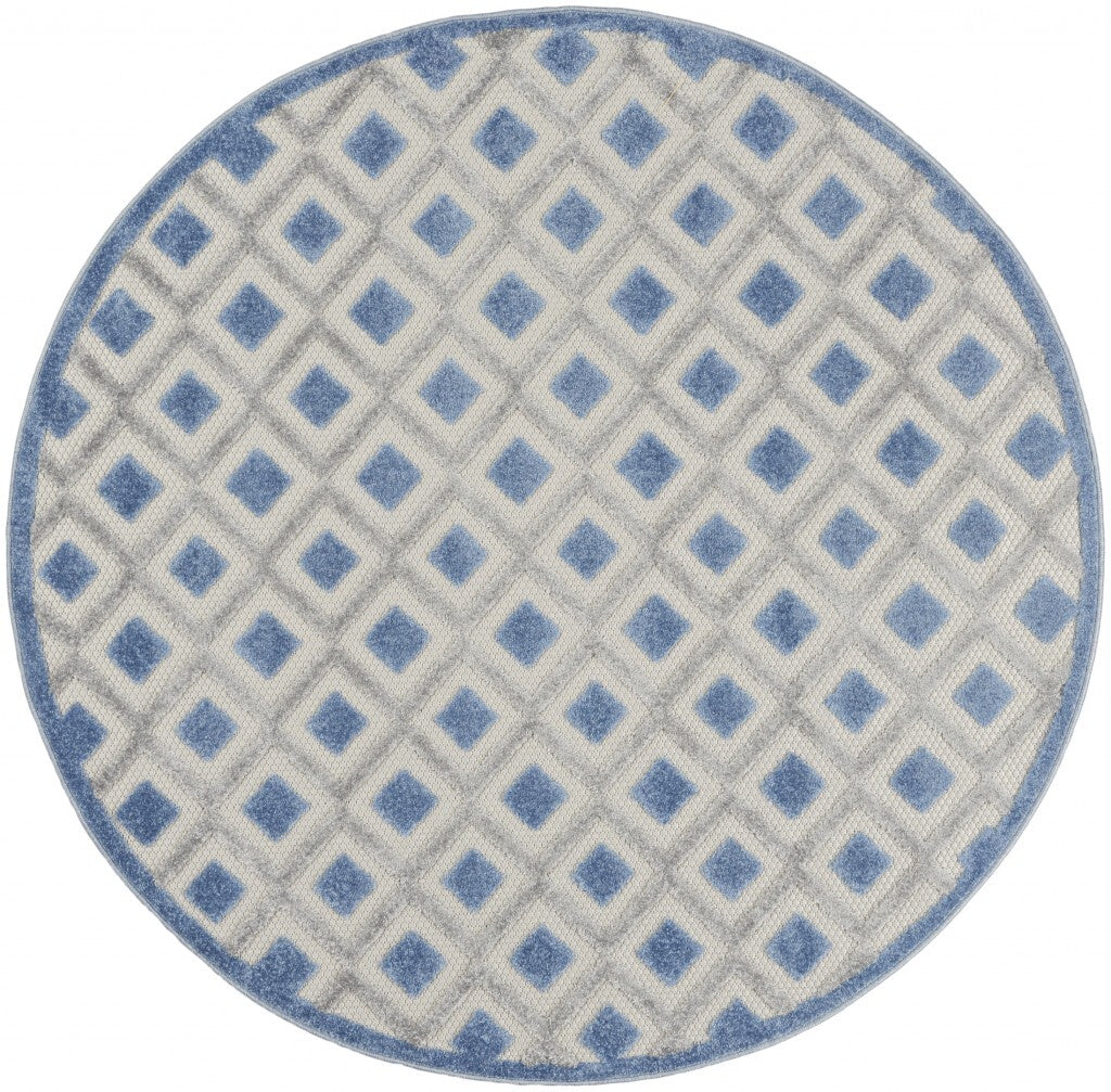 4' Round Blue And Gray Round Geometric Indoor Outdoor Area Rug