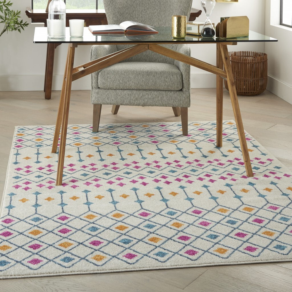 4' X 6' Blue And Ivory Geometric Dhurrie Area Rug