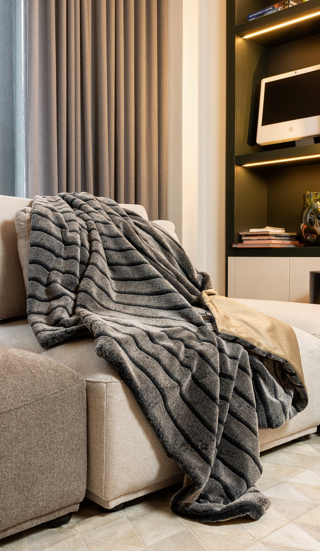 Gray Faux Fur Striped Plush Throw