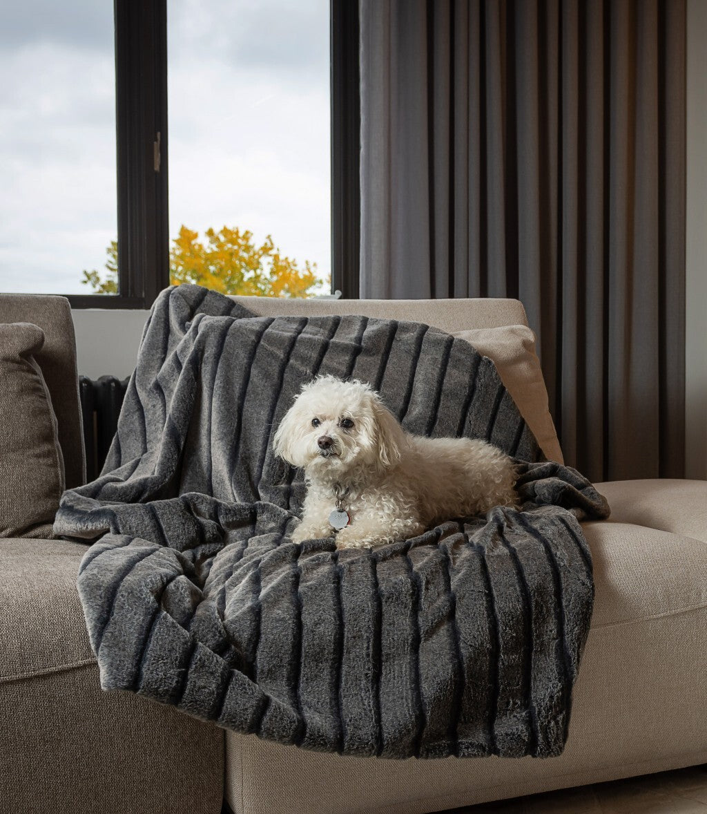 Gray Faux Fur Striped Plush Throw