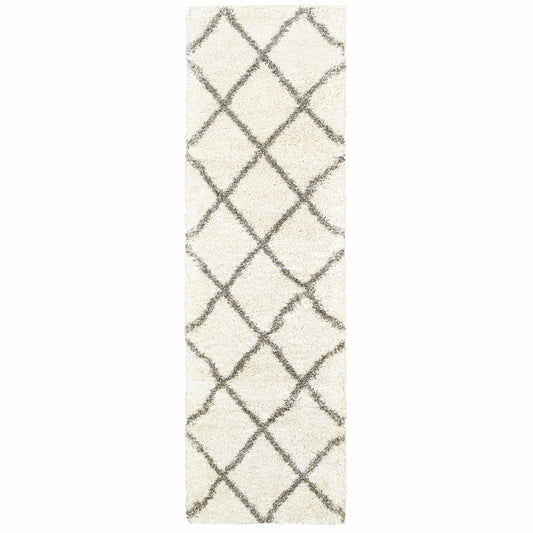 2' X 8' Ivory And Gray Geometric Lattice Runner Rug