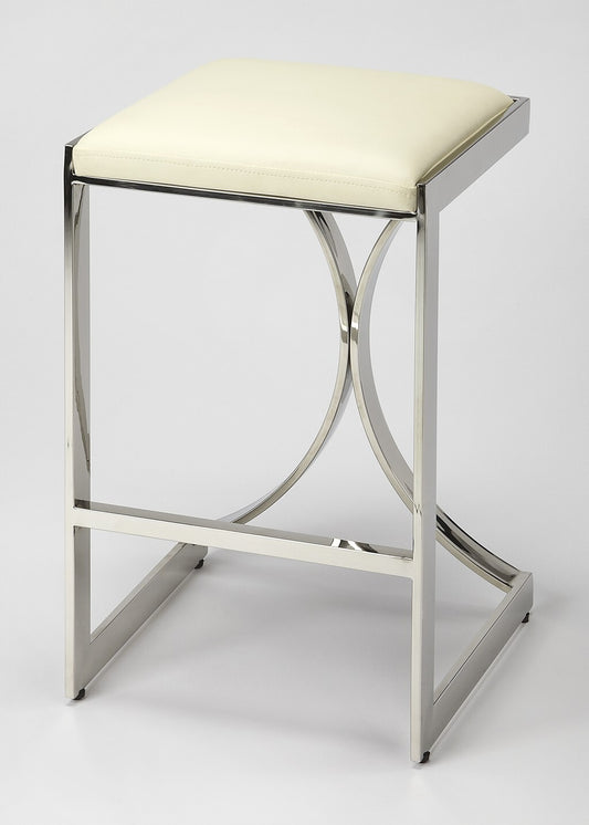 24" Off White And Silver Faux leather And Iron Backless Counter Height Bar Chair With Footrest