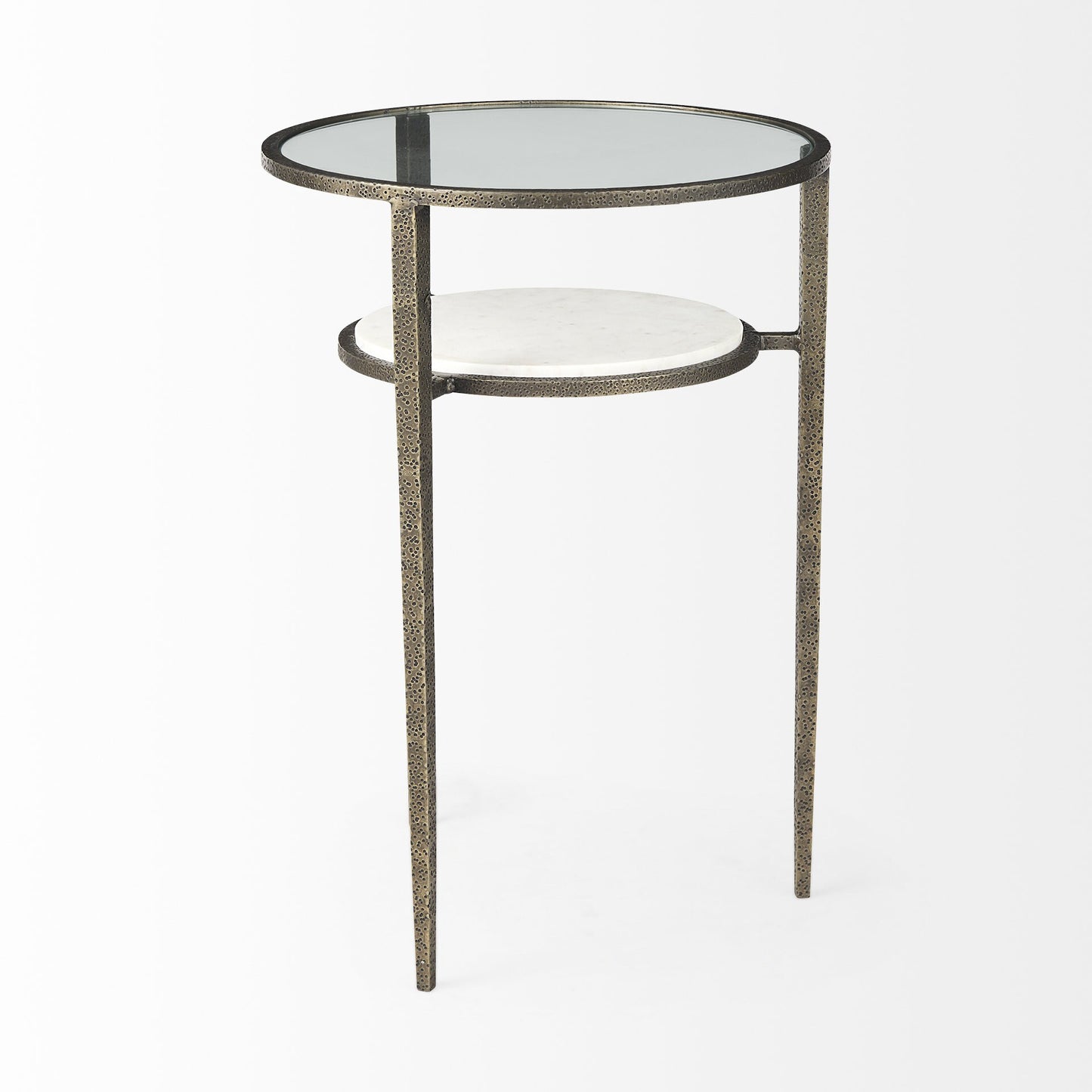 Updated Rustic Glass And Marble Antiqued Gold End Table