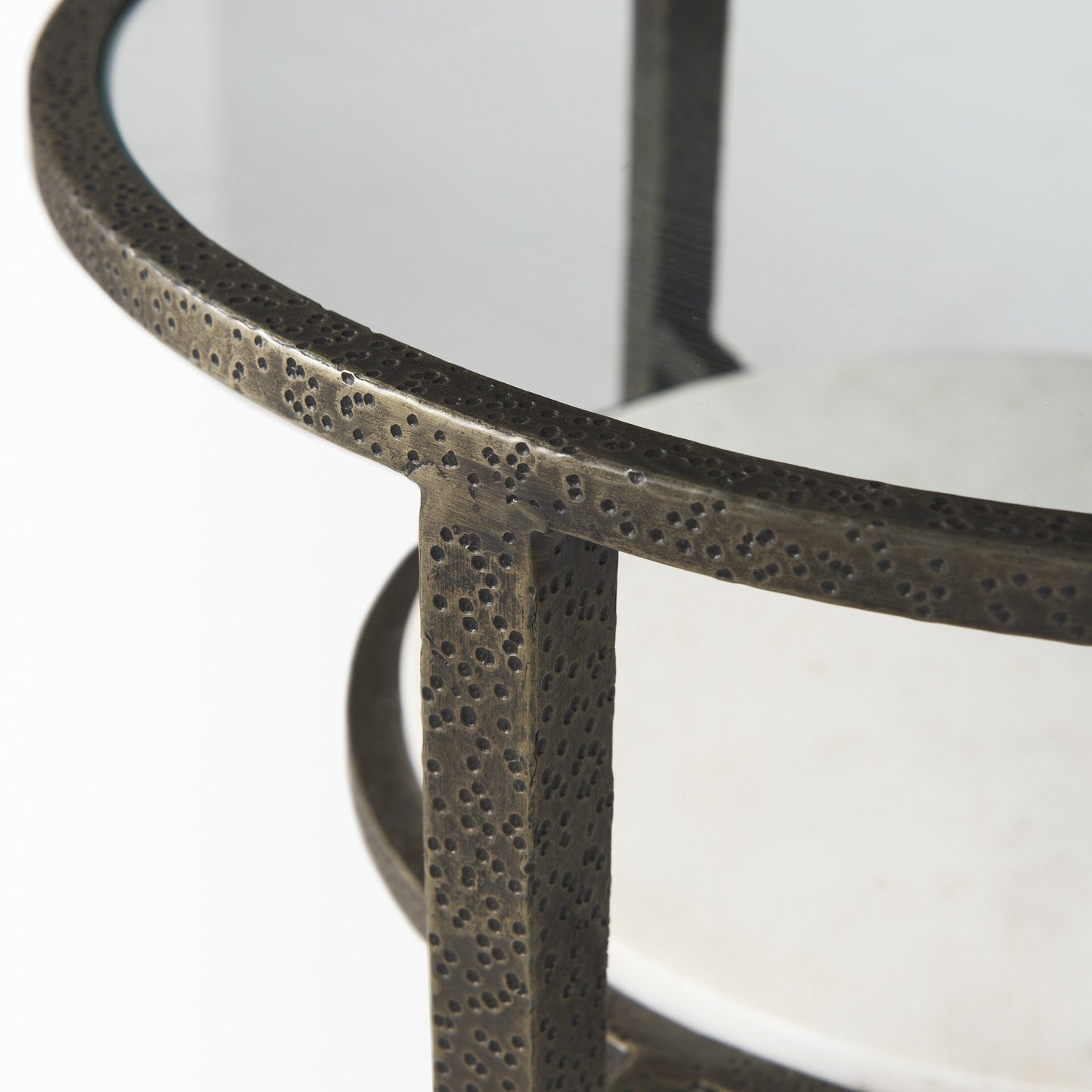 Updated Rustic Glass And Marble Antiqued Gold End Table