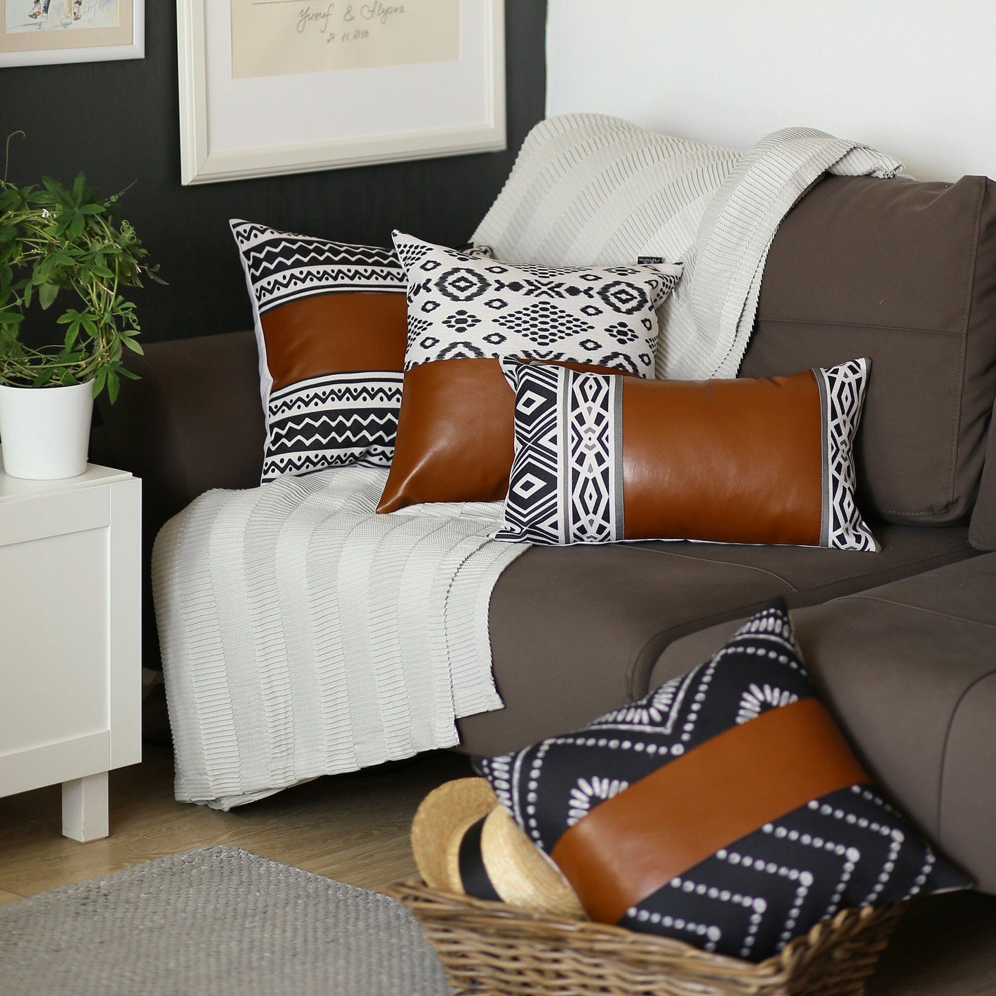 Set of 2 Brown Boho Faux Leather Throw Pillows