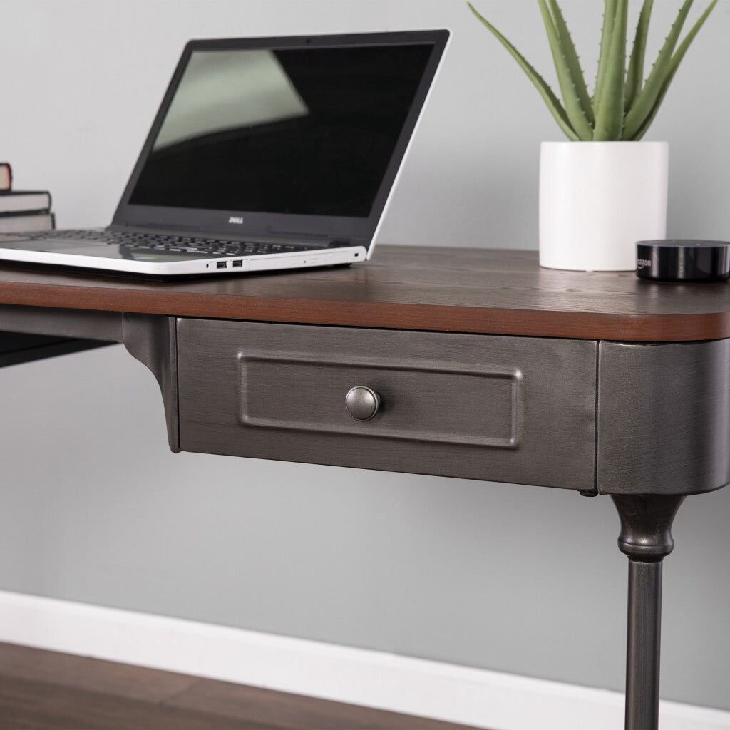 50" Brown And Silver Writing Desk With Two Drawers