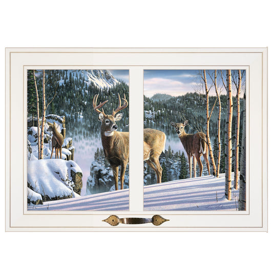 Morning View Deer 3 White Framed Print Wall Art