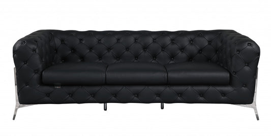 93" Black Genuine Tufted Leather and Chrome Sofa