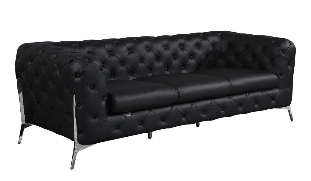 93" Black Genuine Tufted Leather and Chrome Sofa