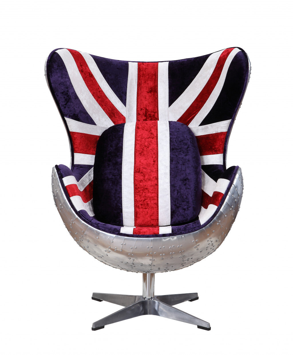 33" Red White and Blue Velvet And Silver Great Britain Flag Swivel Lounge Chair