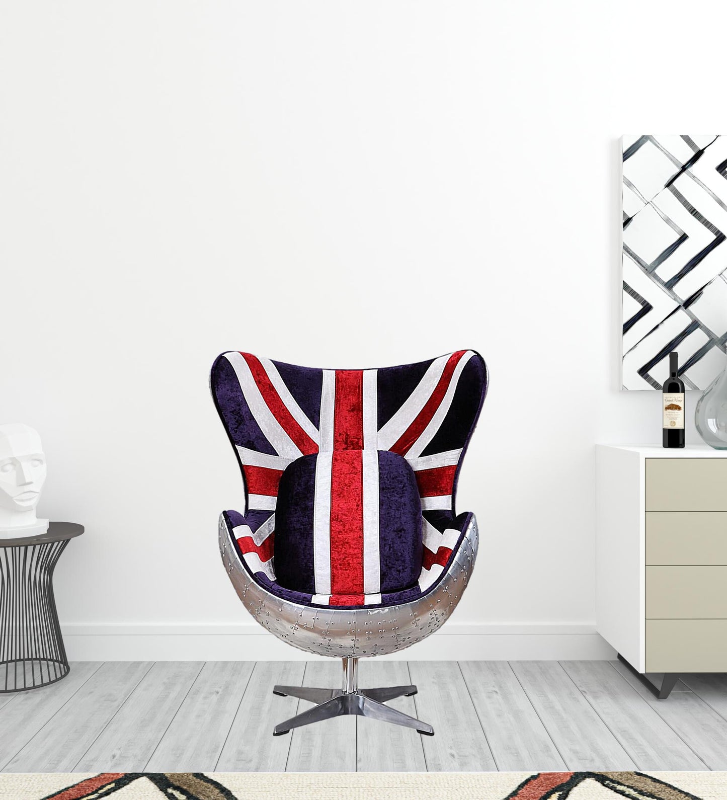 33" Red White and Blue Velvet And Silver Great Britain Flag Swivel Lounge Chair