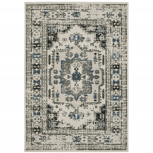 7' x 9' Blue and Beige Oriental Stain Resistant Indoor Outdoor Area Rug