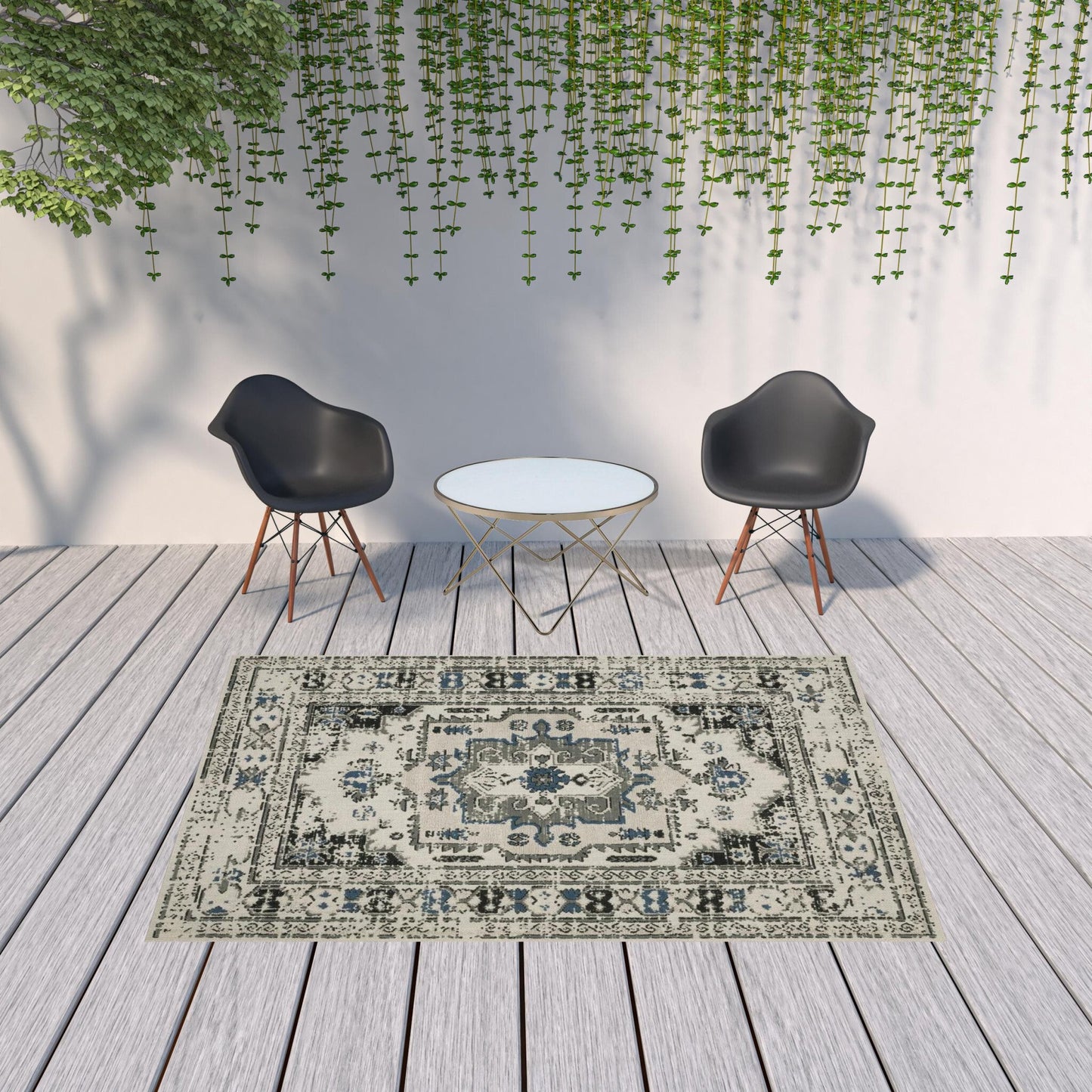 7' x 9' Blue and Beige Oriental Stain Resistant Indoor Outdoor Area Rug