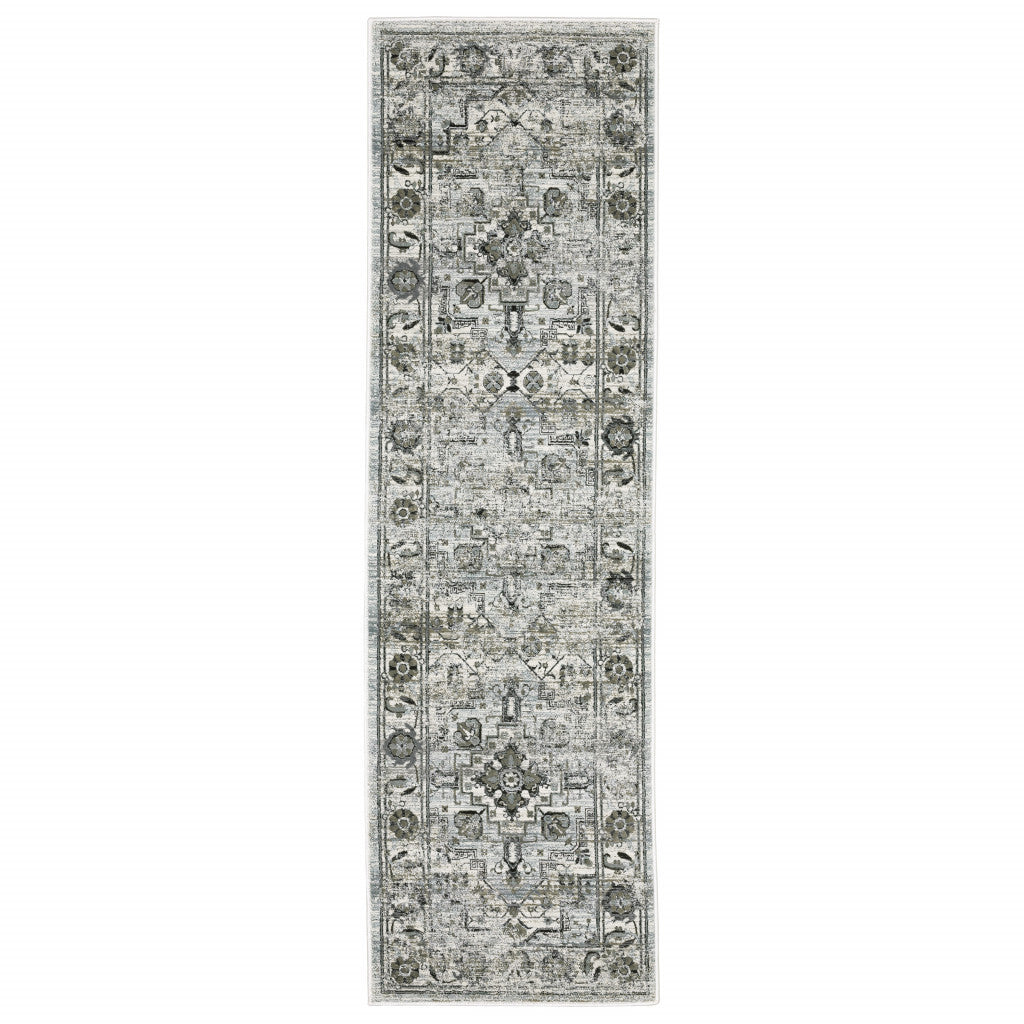 2' X 8' Ivory Grey Charcoal Blue And Taupe Oriental Power Loom Stain Resistant Runner Rug