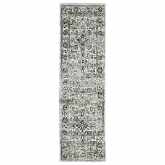 2' X 8' Ivory Grey Charcoal Blue And Taupe Oriental Power Loom Stain Resistant Runner Rug