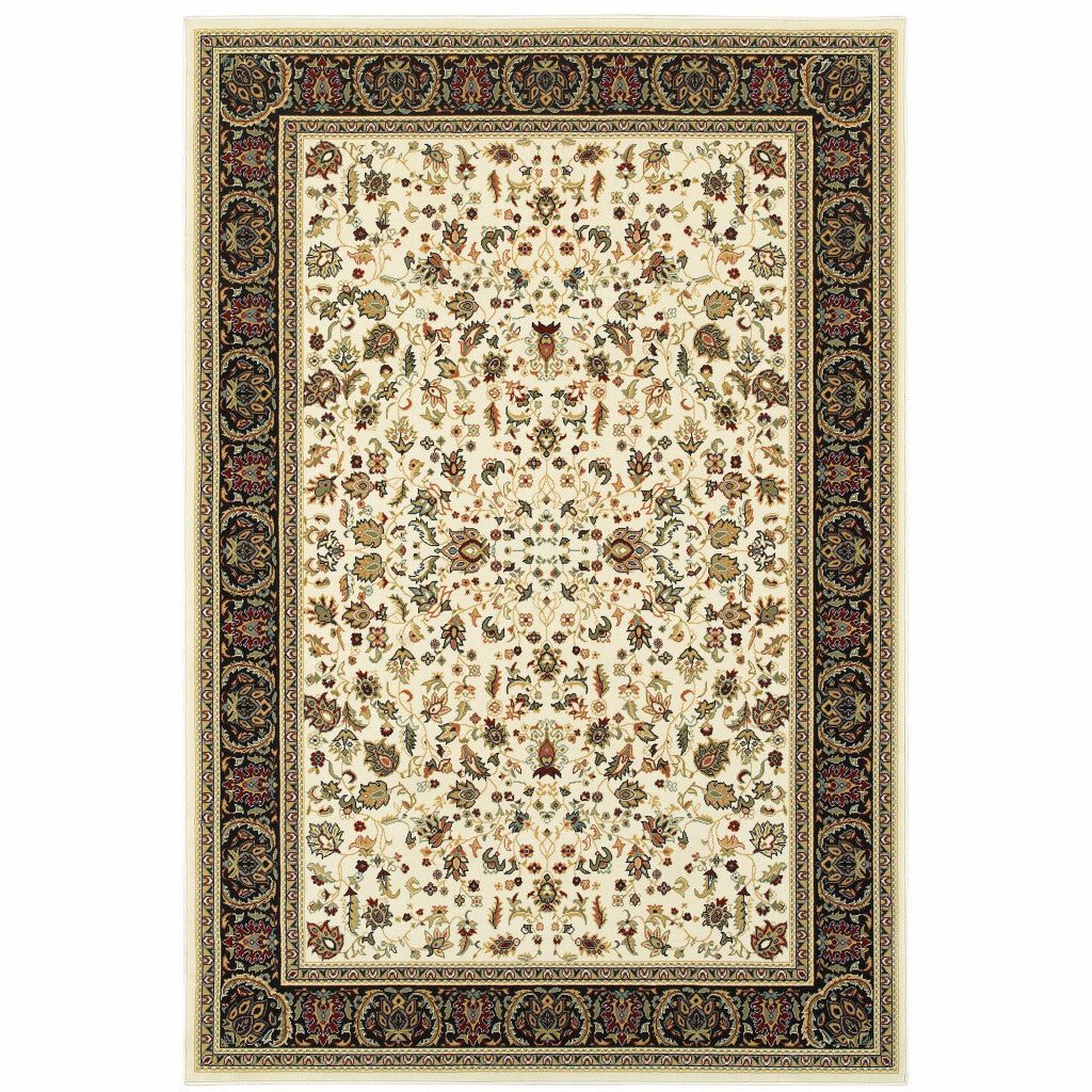 5' X 8' Ivory And Black Oriental Power Loom Stain Resistant Area Rug