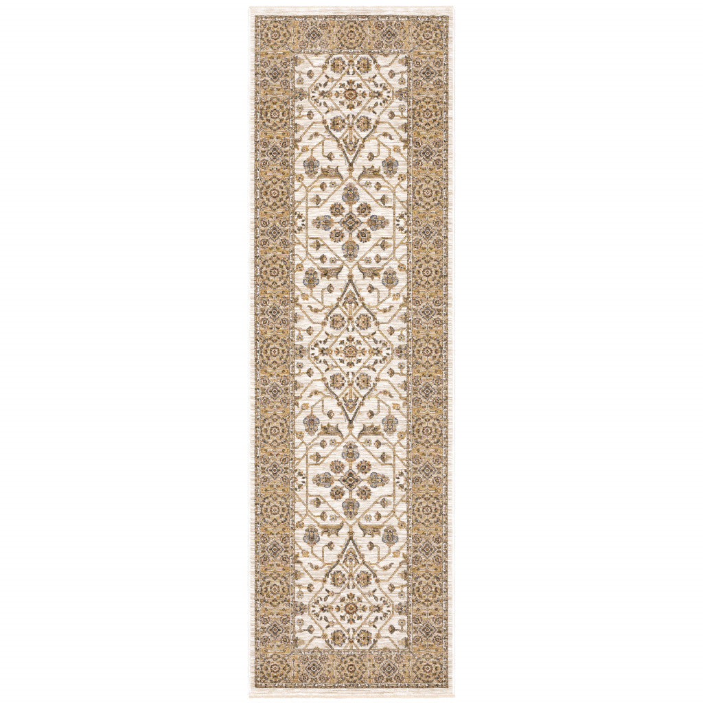 2' X 8' Ivory And Gold Oriental Power Loom Stain Resistant Runner Rug With Fringe