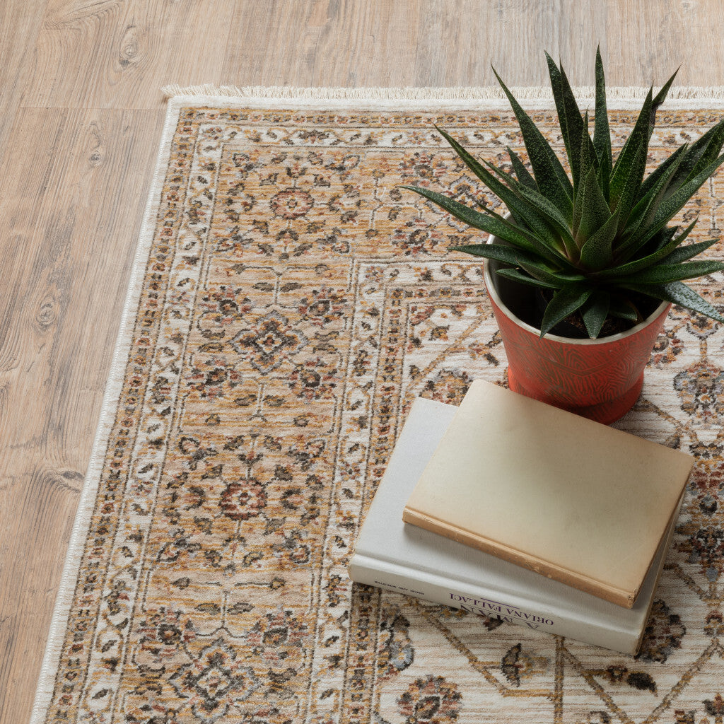 2' X 8' Ivory And Gold Oriental Power Loom Stain Resistant Runner Rug With Fringe