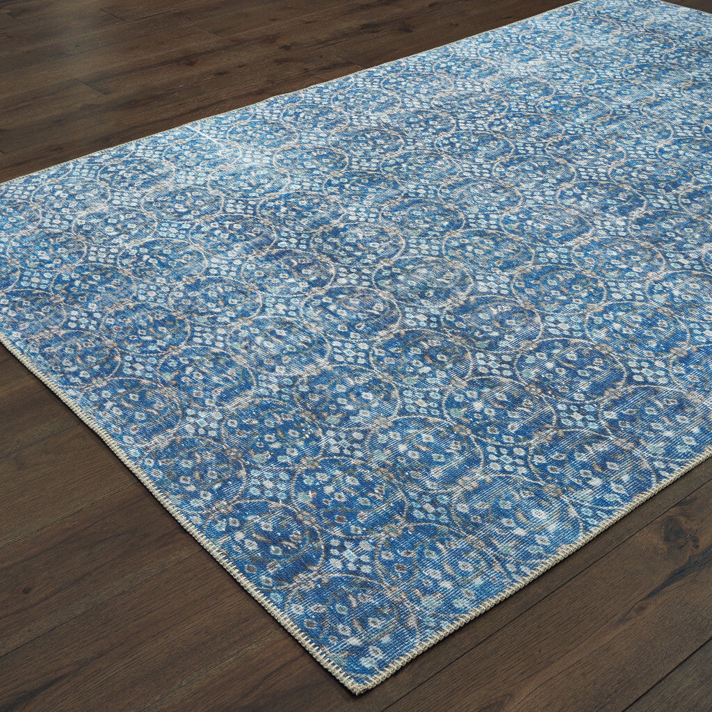 8' X 11' Blue And Brown Floral Power Loom Stain Resistant Area Rug