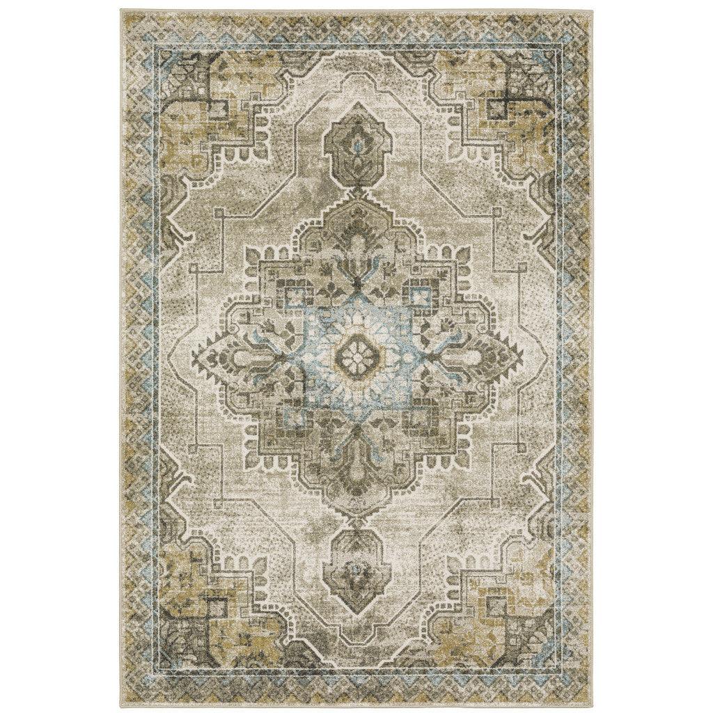 8' X 10' Grey Blue Beige And Gold Oriental Power Loom Stain Resistant Area Rug