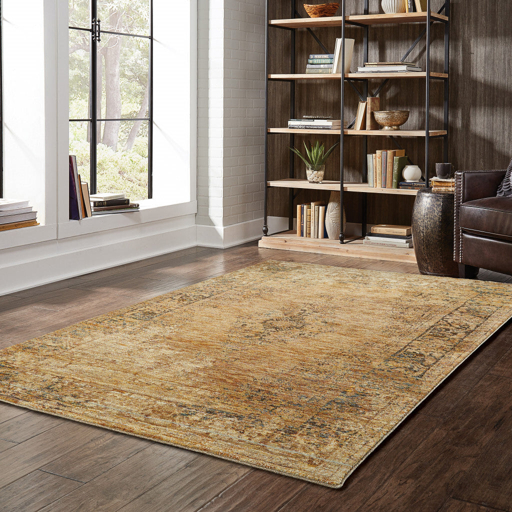 6' X 9' Gold And Brown Oriental Power Loom Stain Resistant Area Rug