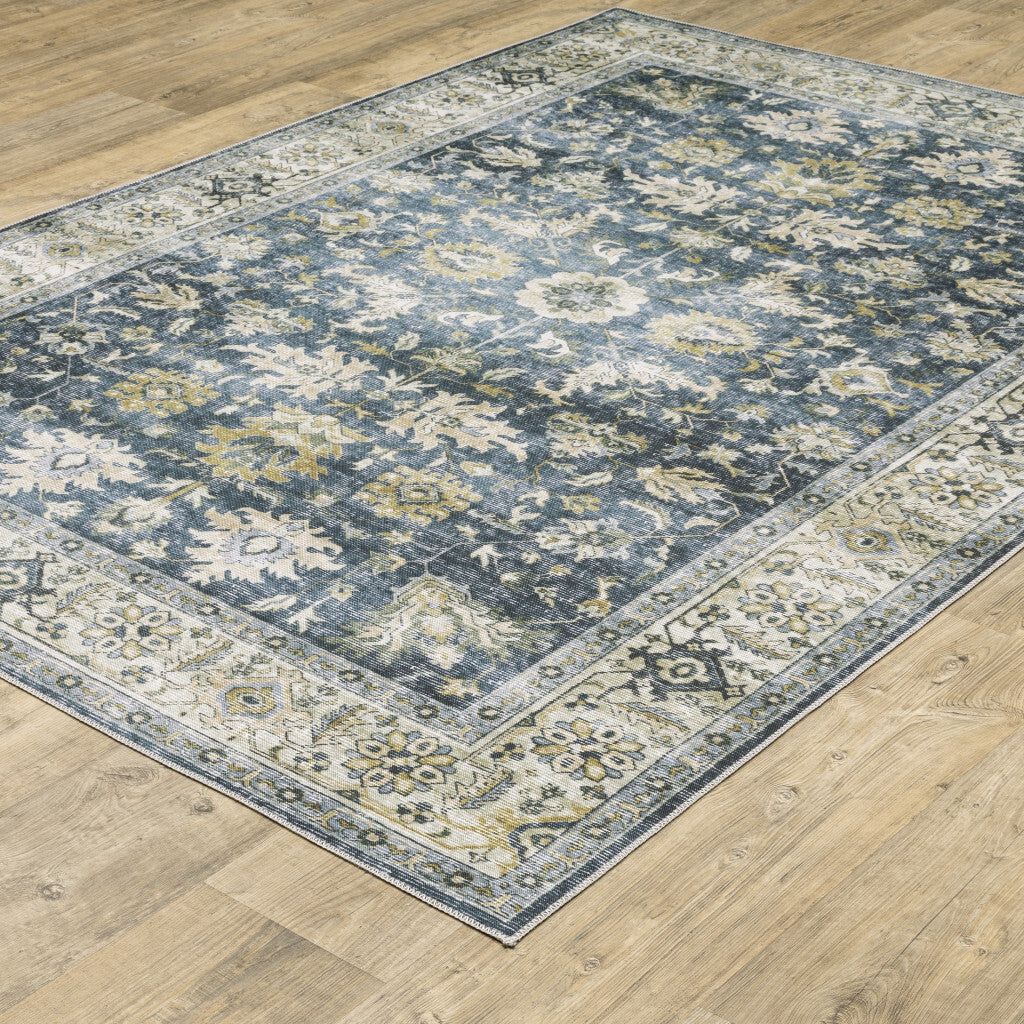 5' X 7' Blue Gold Green And Ivory Oriental Printed Stain Resistant Non Skid Area Rug