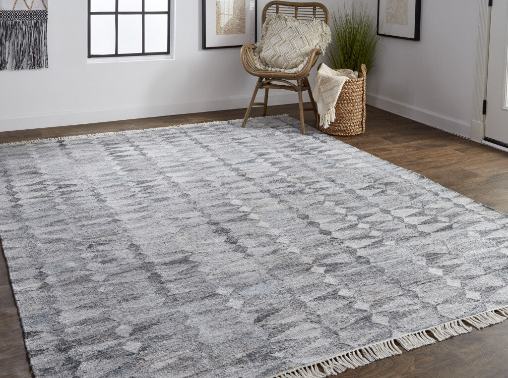 9' X 12' Gray Silver And Ivory Geometric Hand Woven Stain Resistant Area Rug With Fringe