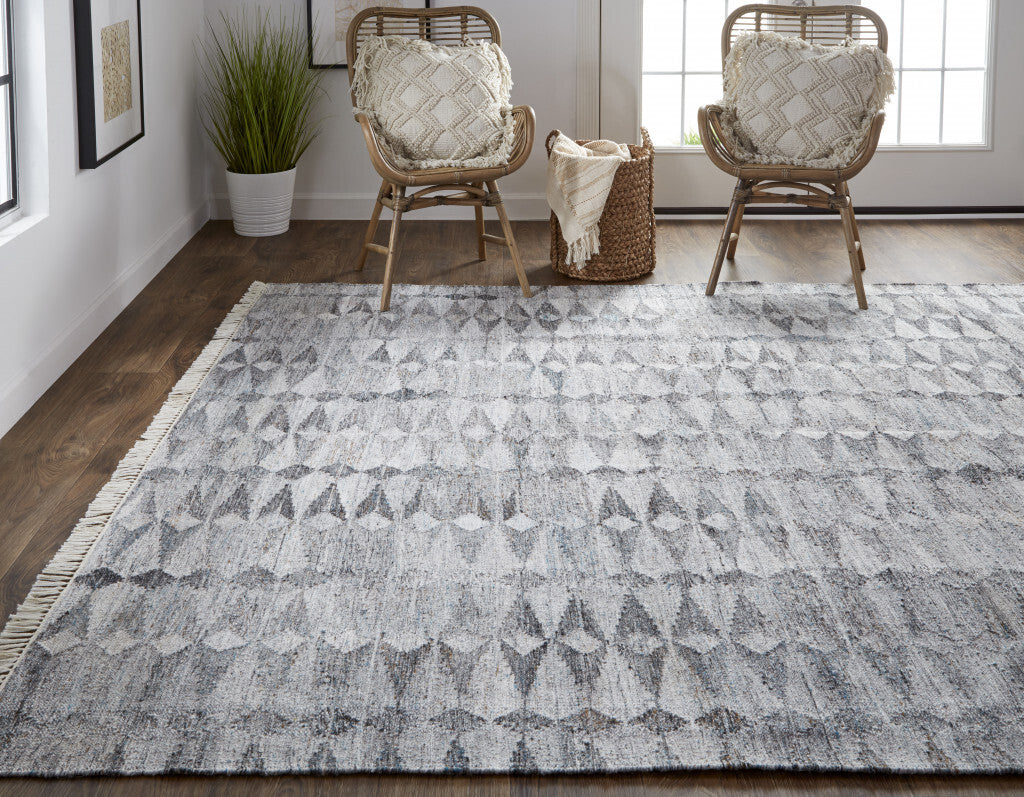 9' X 12' Gray Silver And Ivory Geometric Hand Woven Stain Resistant Area Rug With Fringe