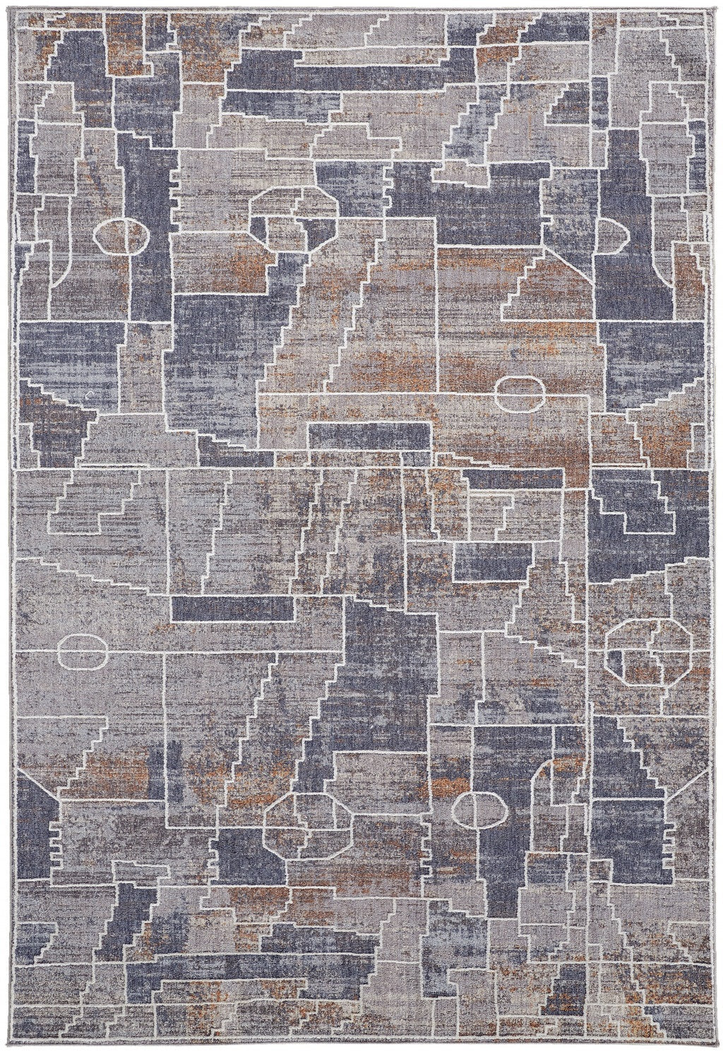 9' X 12' Blue Gray And Orange Geometric Power Loom Stain Resistant Area Rug