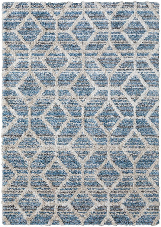 10' X 14' Blue And Ivory Geometric Power Loom Stain Resistant Area Rug