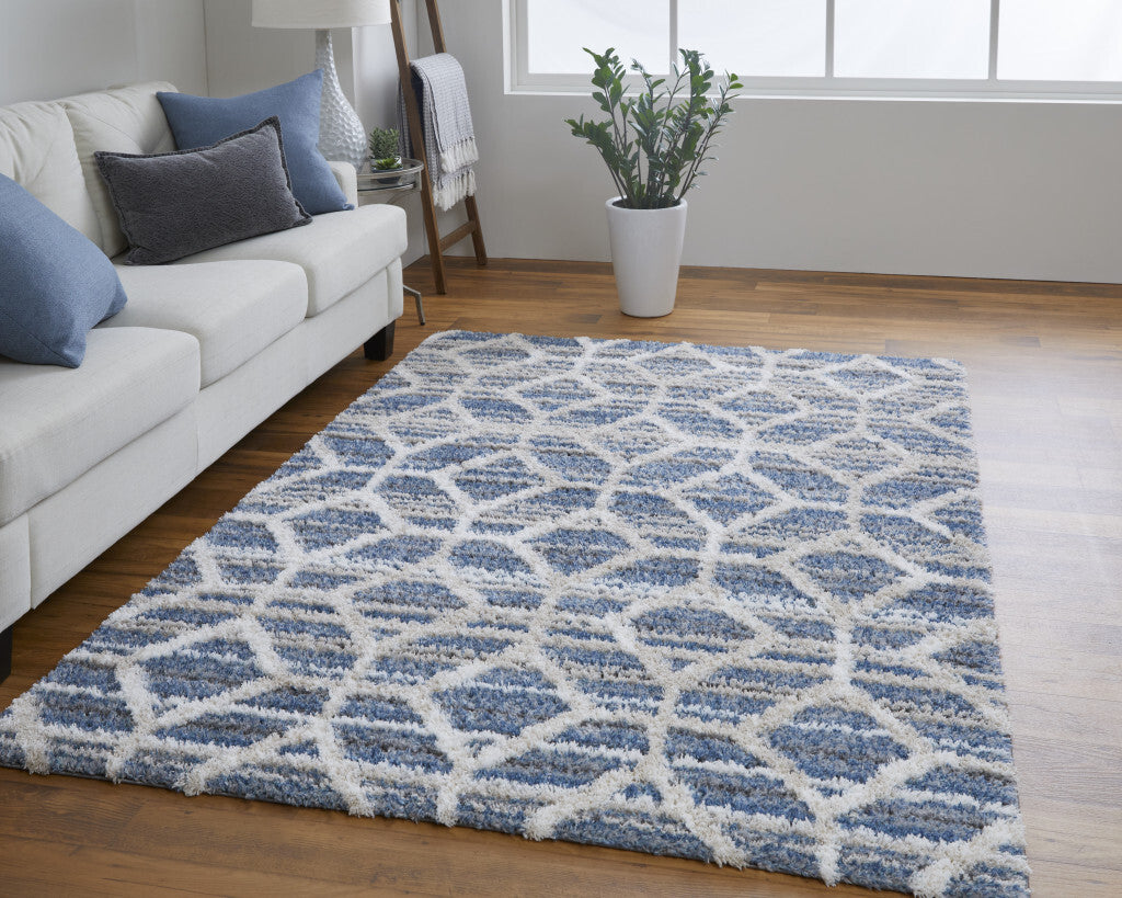 10' X 14' Blue And Ivory Geometric Power Loom Stain Resistant Area Rug