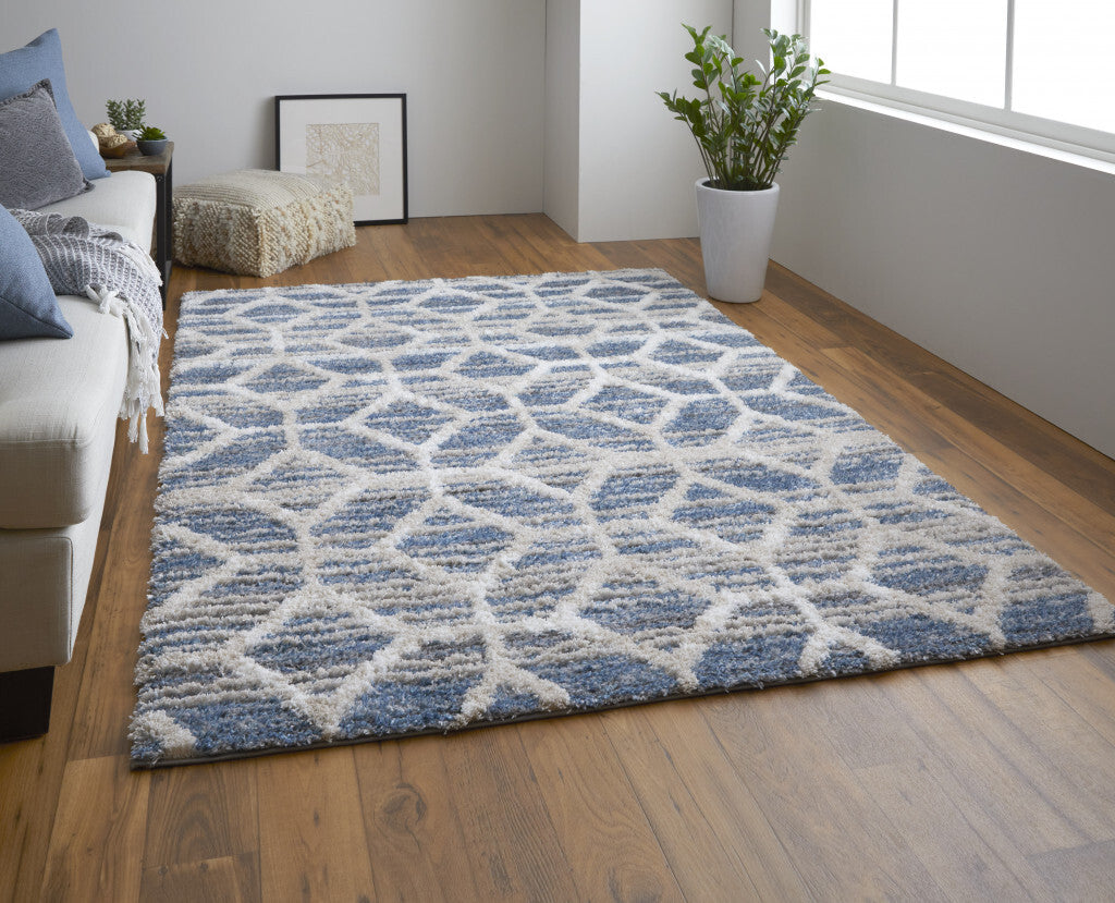 10' X 14' Blue And Ivory Geometric Power Loom Stain Resistant Area Rug