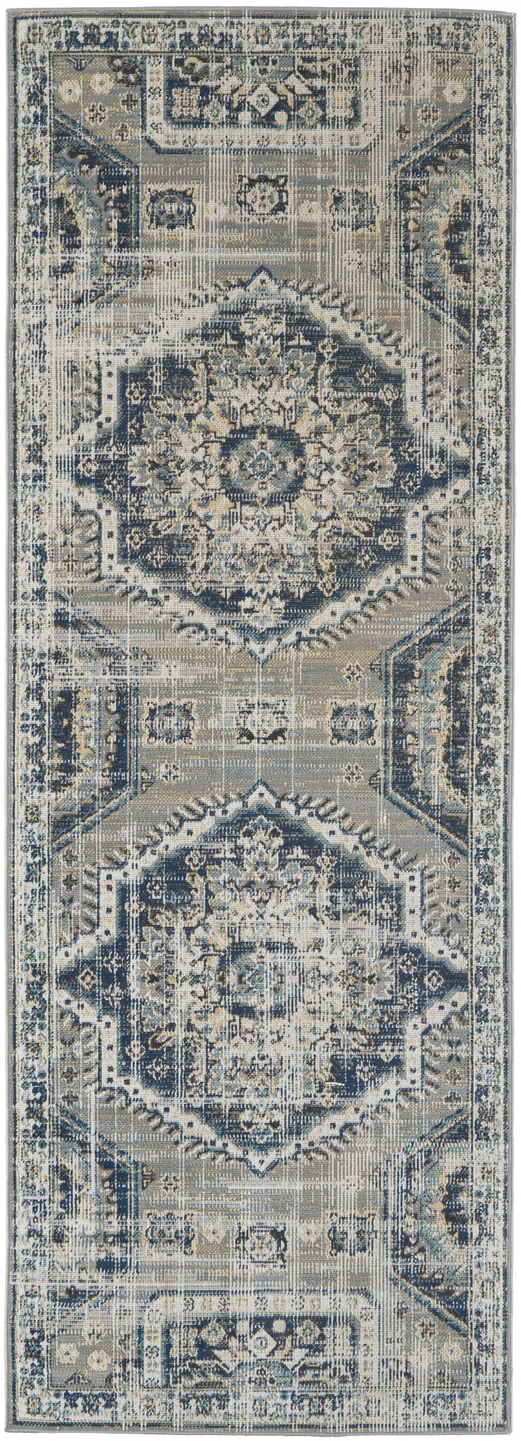 8' Blue And Ivory Abstract Power Loom Distressed Stain Resistant Runner Rug