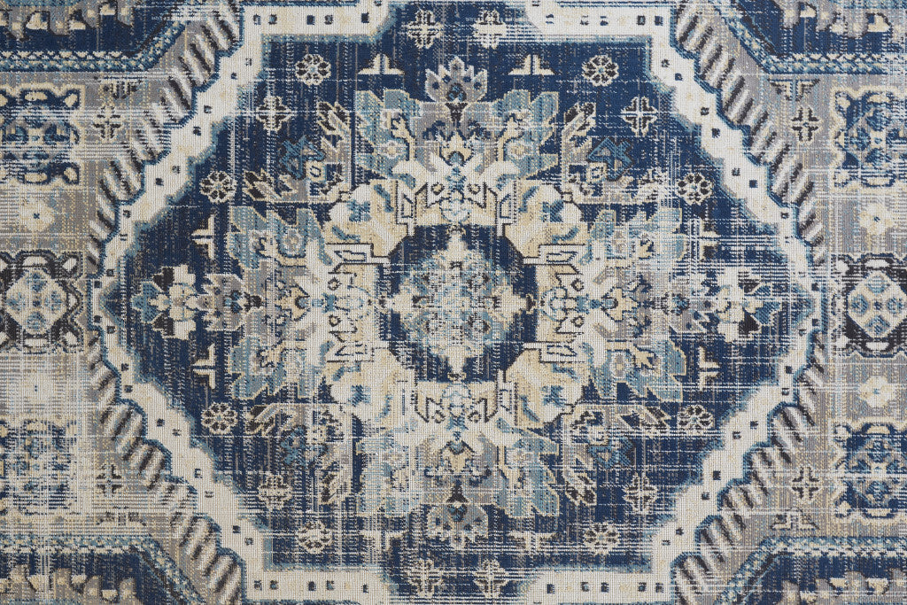 8' Blue And Ivory Abstract Power Loom Distressed Stain Resistant Runner Rug