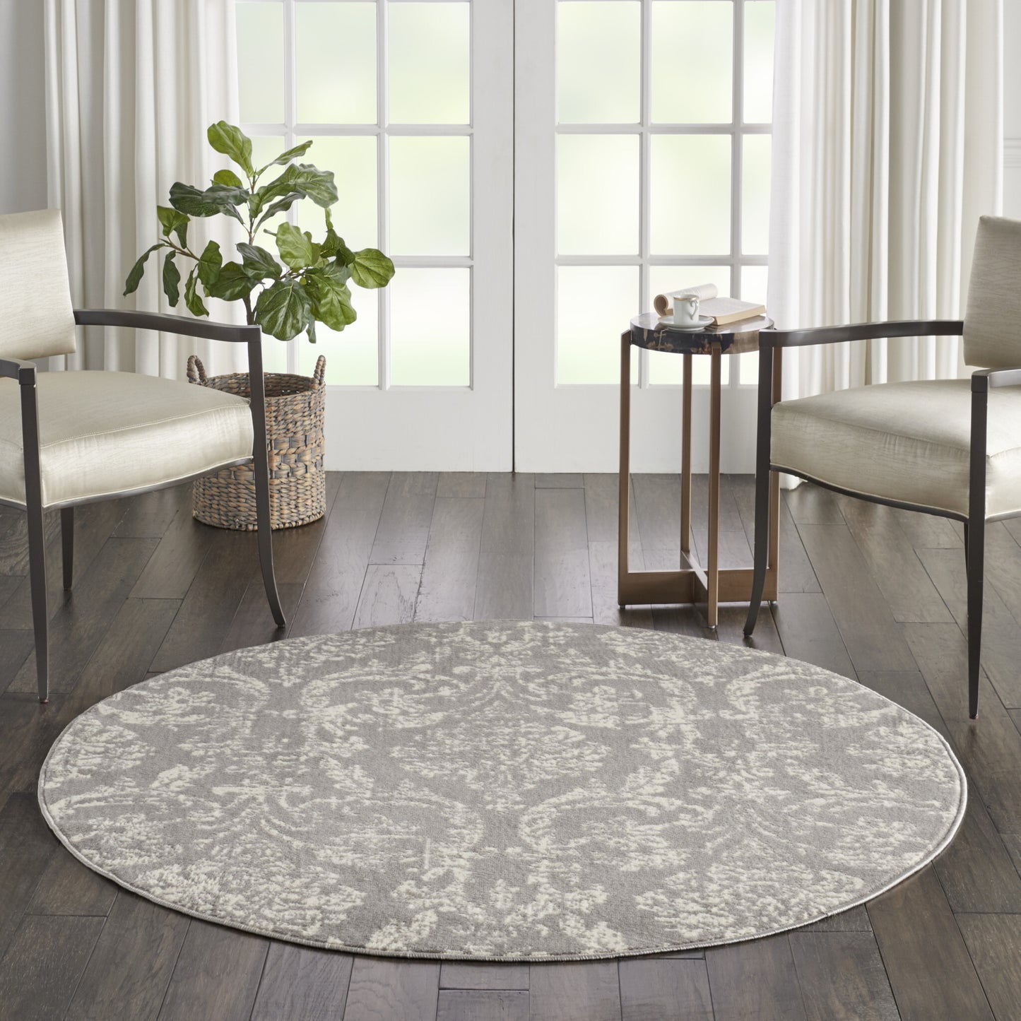 5' Gray Round Damask Power Loom Area Rug