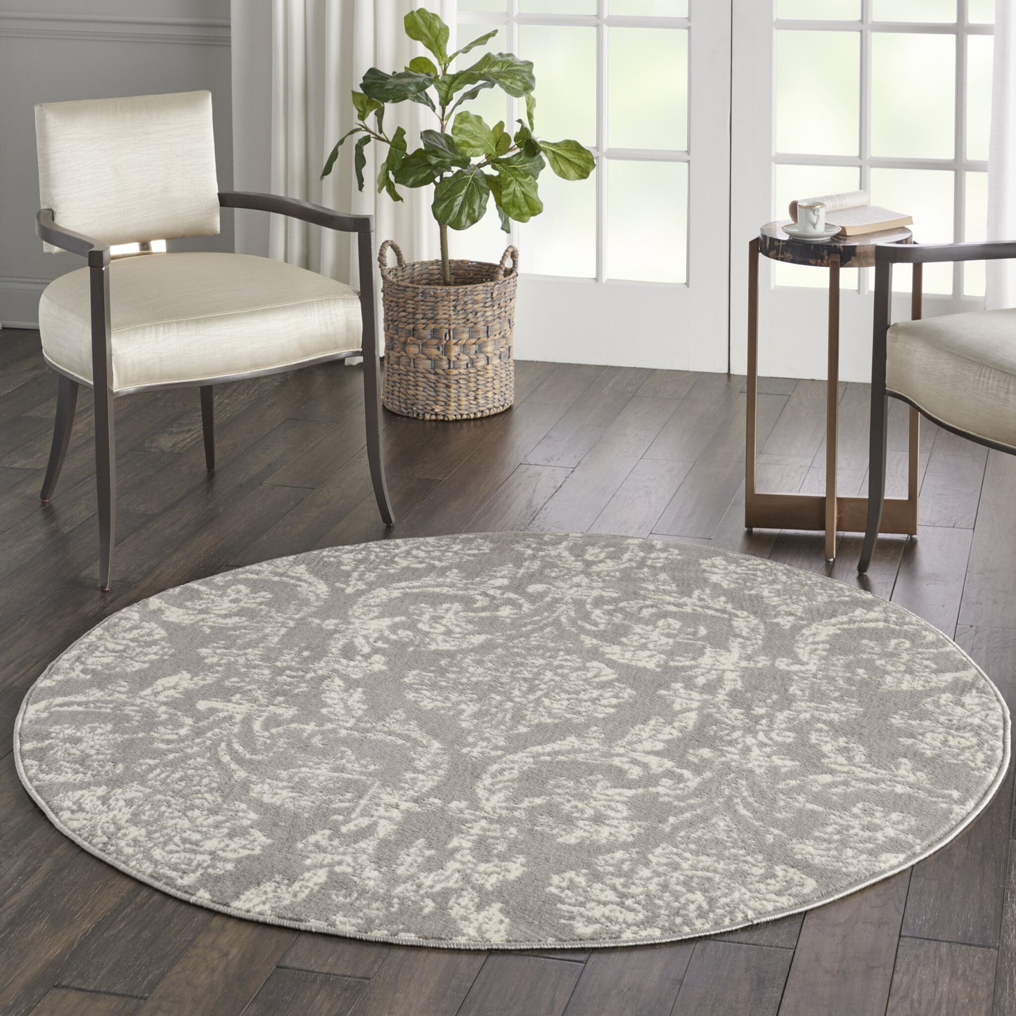 5' Gray Round Damask Power Loom Area Rug