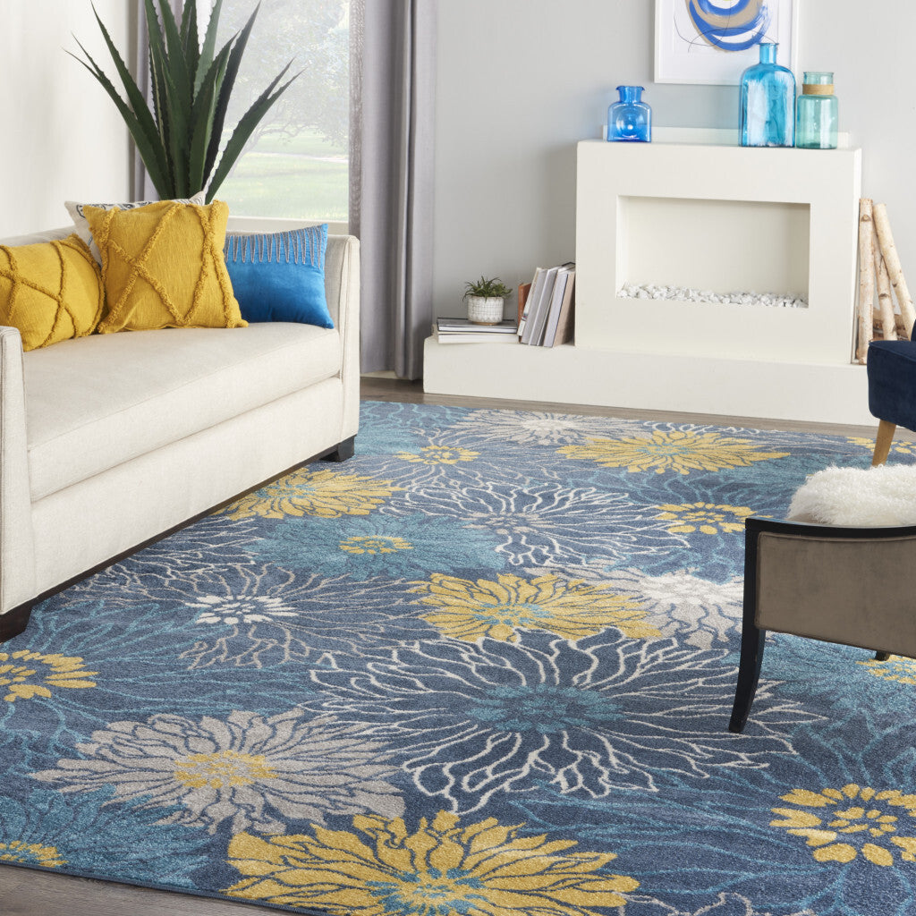 9' x 12' Navy Blue Floral Power Loom Area Rug