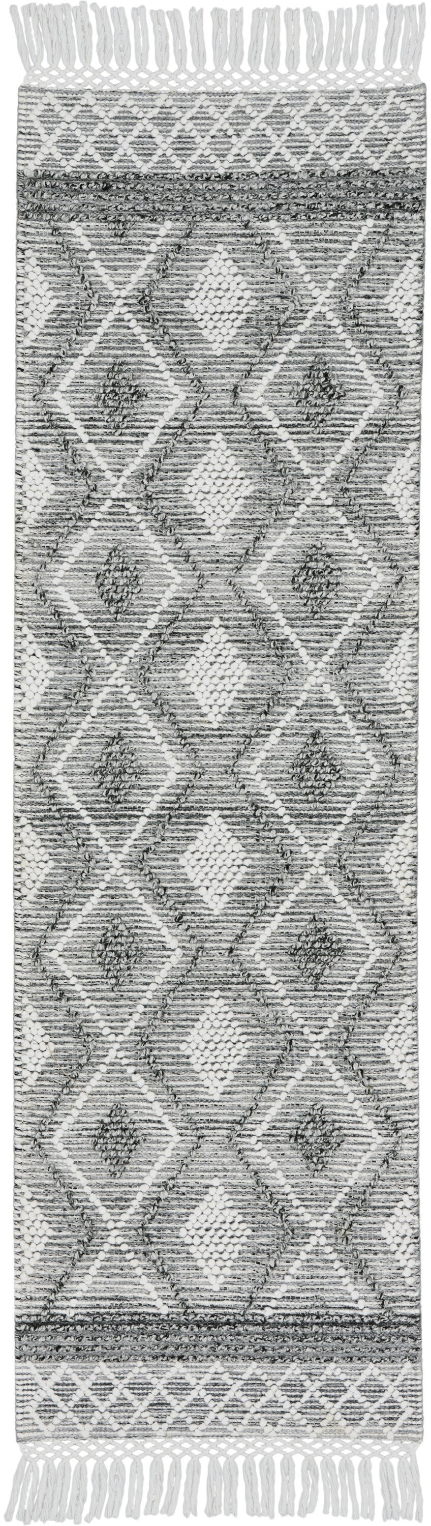 8' Gray and Ivory Geometric Hand Woven Runner Rug With Fringe