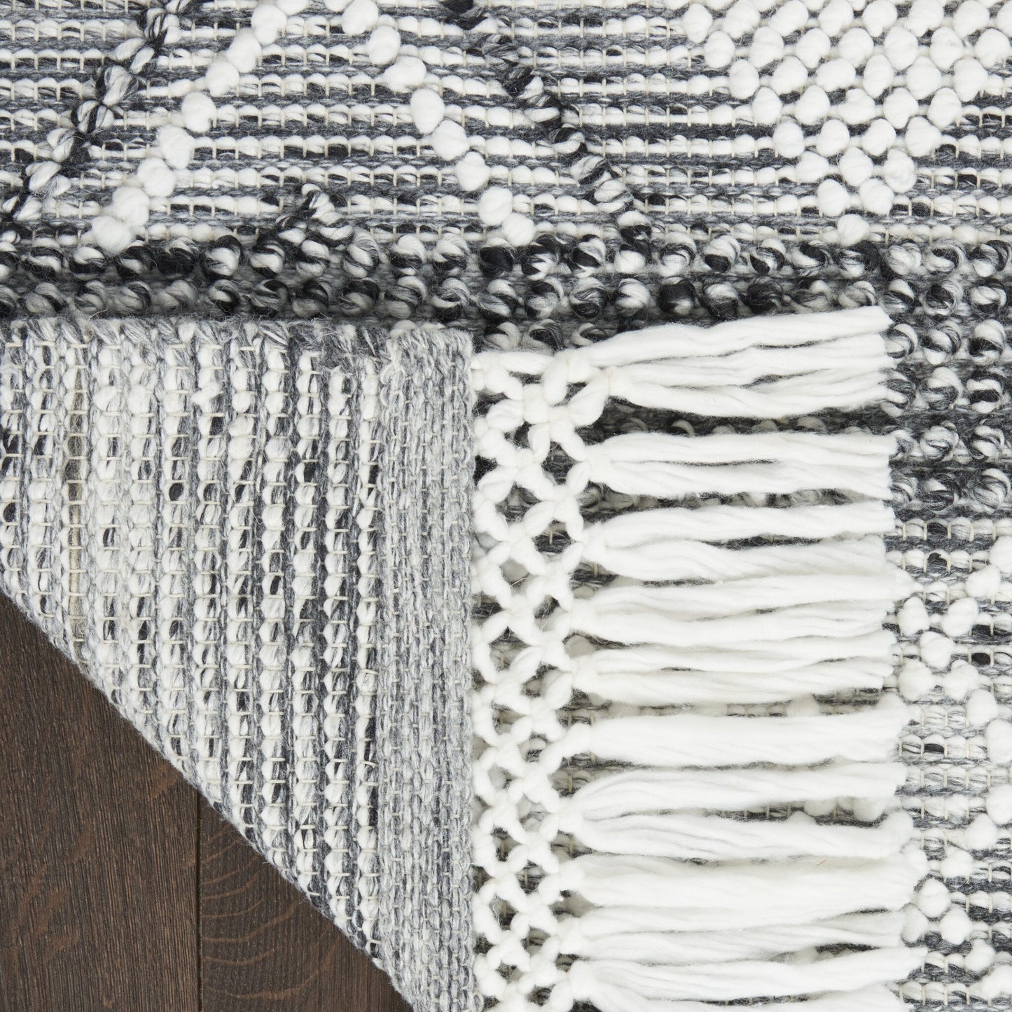 8' Gray and Ivory Geometric Hand Woven Runner Rug With Fringe