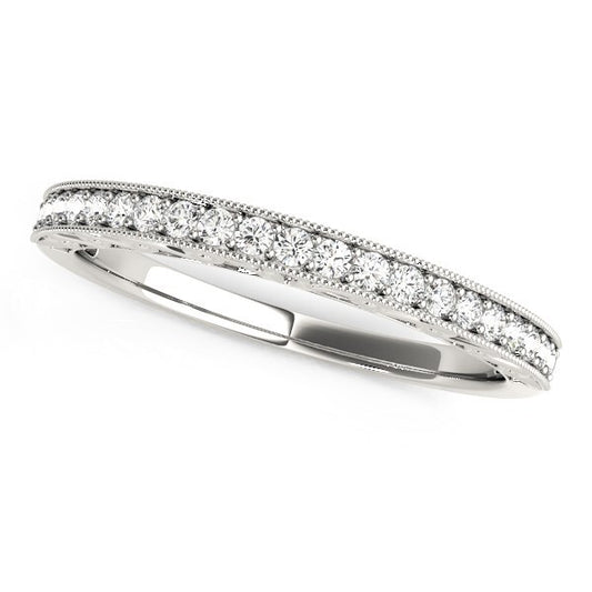 Size: 4 - 14k White Gold Milgrain Bordered Round Diamond Wedding Band (1/6 cttw)