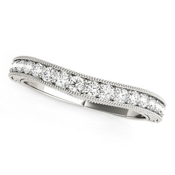 Size: 4 - 14k White Gold Bead Border Curved Diamond Wedding Ring (1/4 cttw)