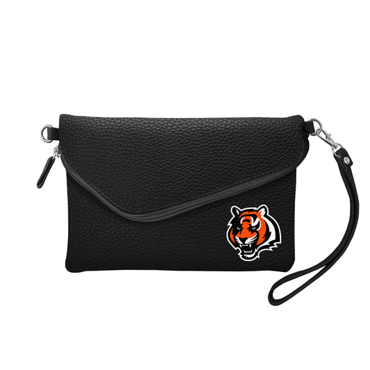 Cincinnati Bengals Purse Pebble Fold Over Crossbody Black - Special Order