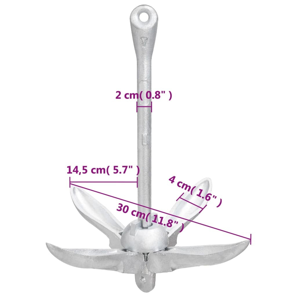 vidaXL Folding Anchor with Rope Silver 5.5 lb Malleable Iron