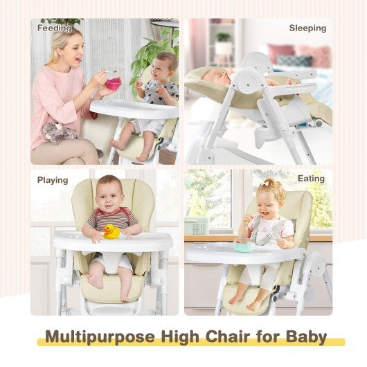 Baby Convertible Folding Adjustable High Chair with Wheel Tray Storage Basket-Beige - Color: Beige