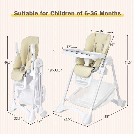 Baby Convertible Folding Adjustable High Chair with Wheel Tray Storage Basket-Beige - Color: Beige