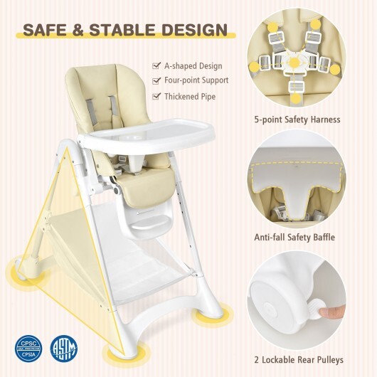 Baby Convertible Folding Adjustable High Chair with Wheel Tray Storage Basket-Beige - Color: Beige